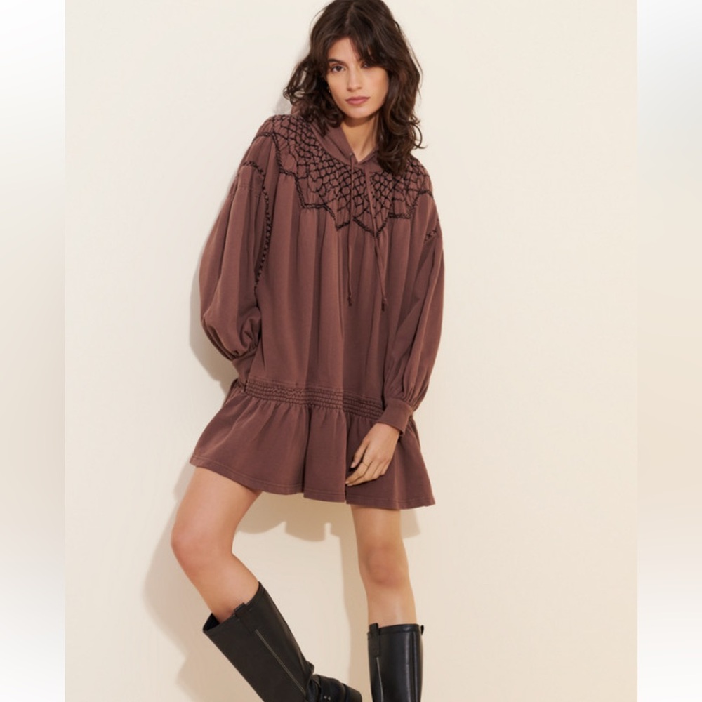 Free People Marty Smocked Hooded Puff Sleeve Sweatshirt Mini Dress